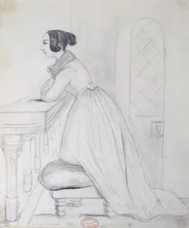 George Sand kneeling on a pouffe and with her elbows on a balustrade